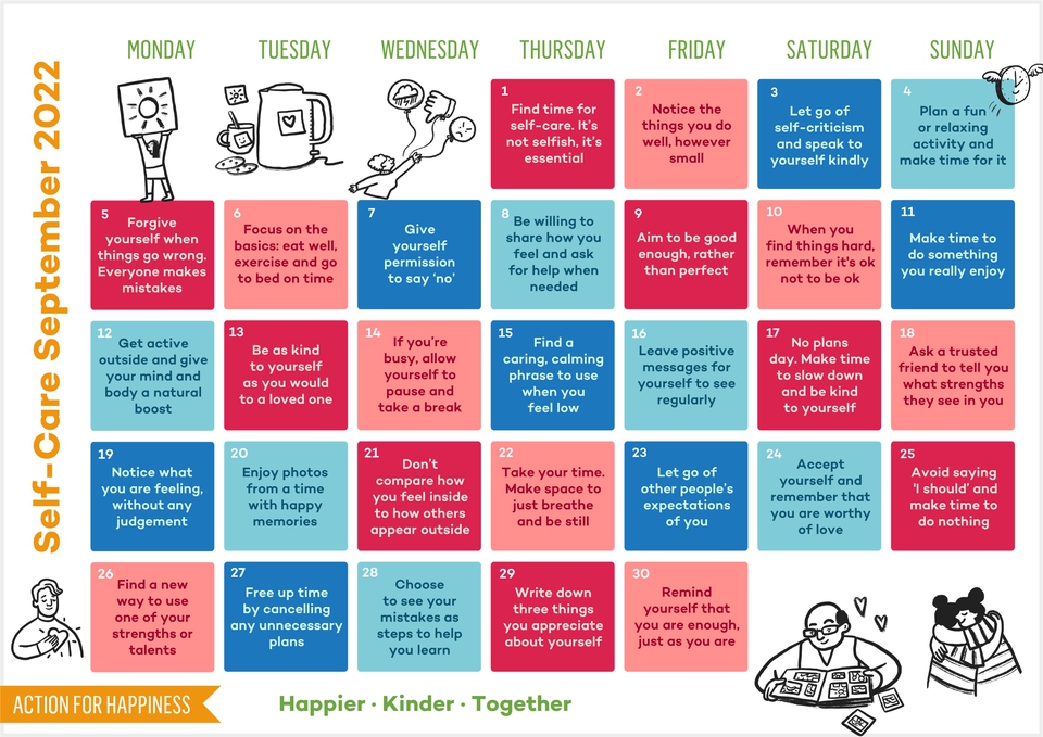 Action for Happiness Self-Care Calendar September 2022 